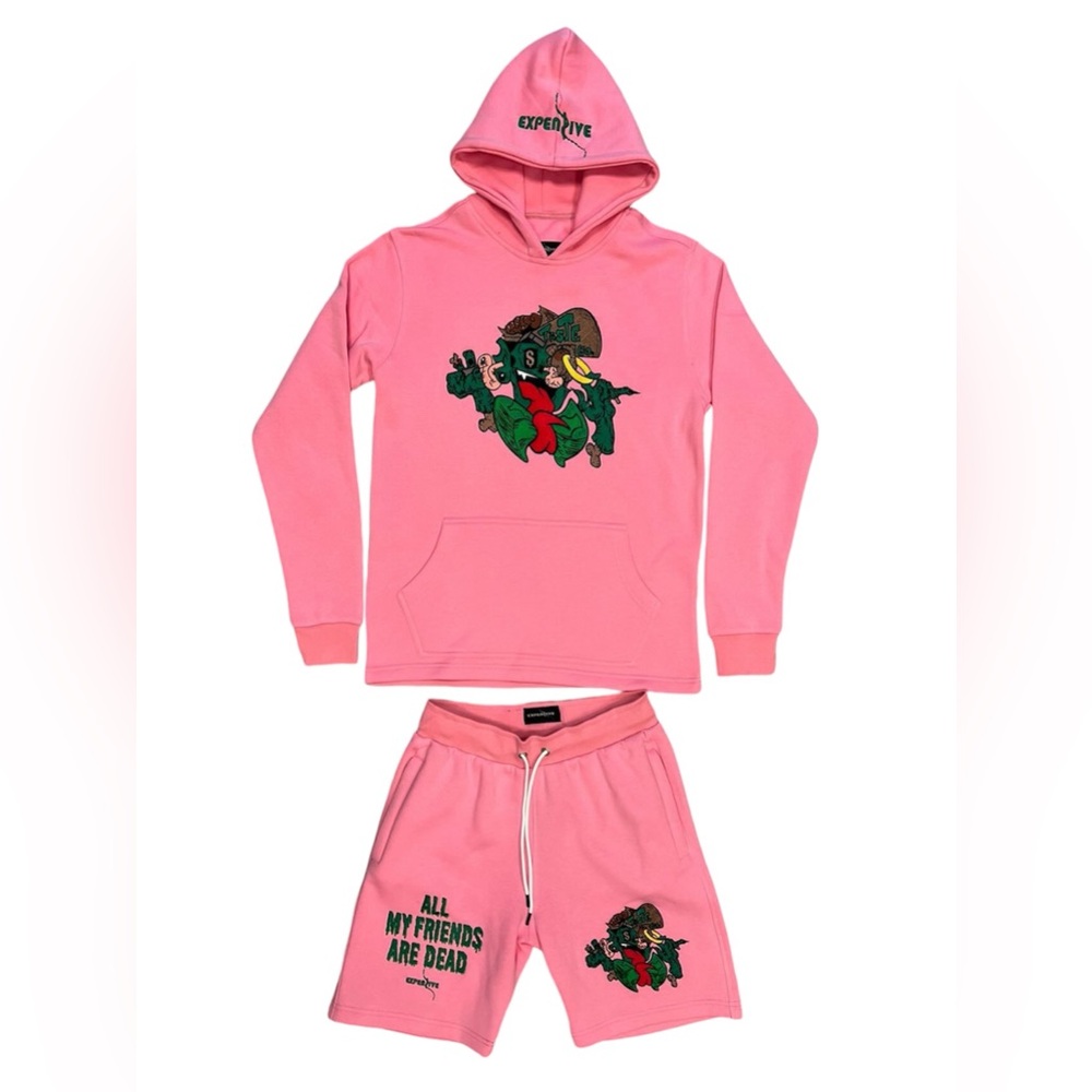 PINK DEAD FRIENDS HOODED SHORT SET